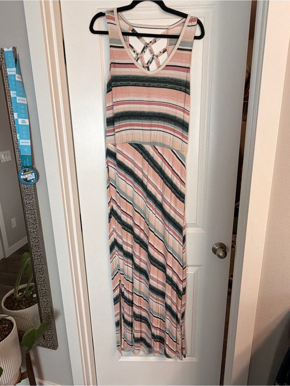 Maurices Pink, Green & Cream Striped Sleeveless Maxi Dress with Lattice Back